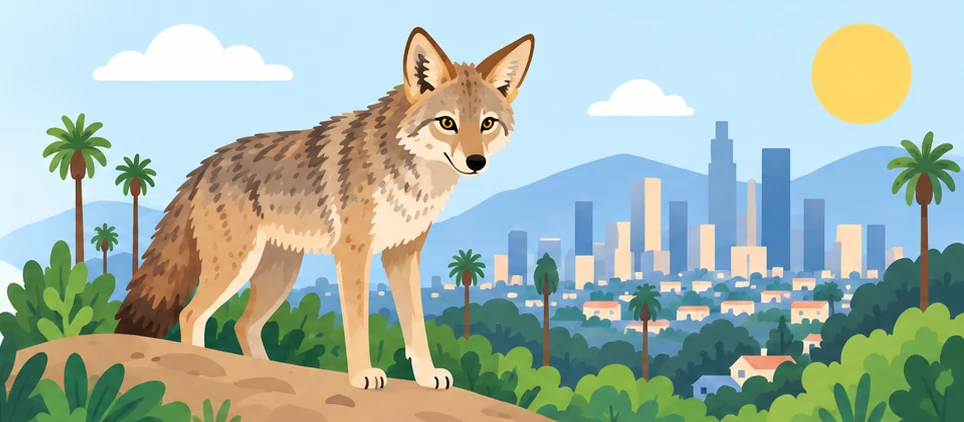 Illustration of a coyote standing on a hillside above palm trees and the downtown Los Angeles skyline